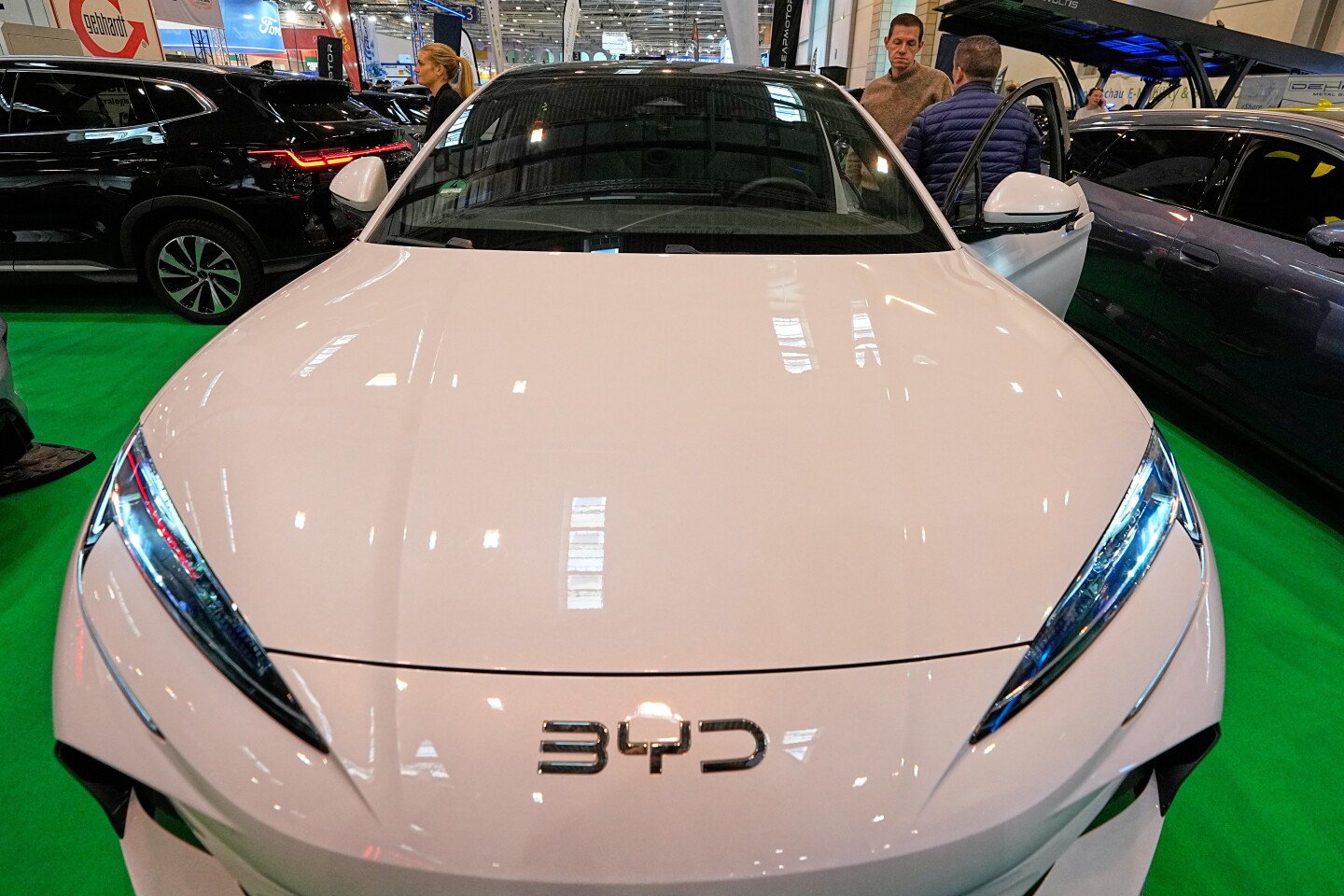 BYD electric car displayed at the Essen Motor Show in December 2025