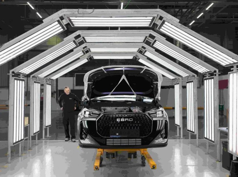 Official Chery photograph of an EBRO vehicle on the Barcelona factory inspection line
