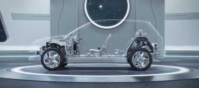 Geely SEA electric vehicle platform showing its underfloor battery and rolling chassis