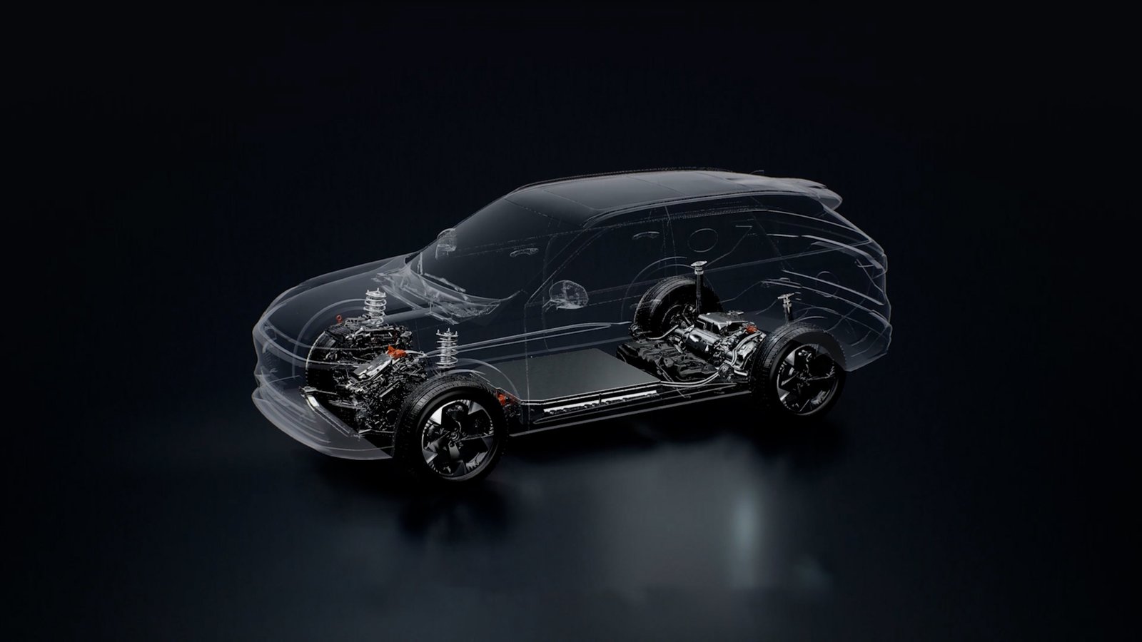 Official transparent cutaway rendering of a GWM Hi4 hybrid four-wheel-drive vehicle
