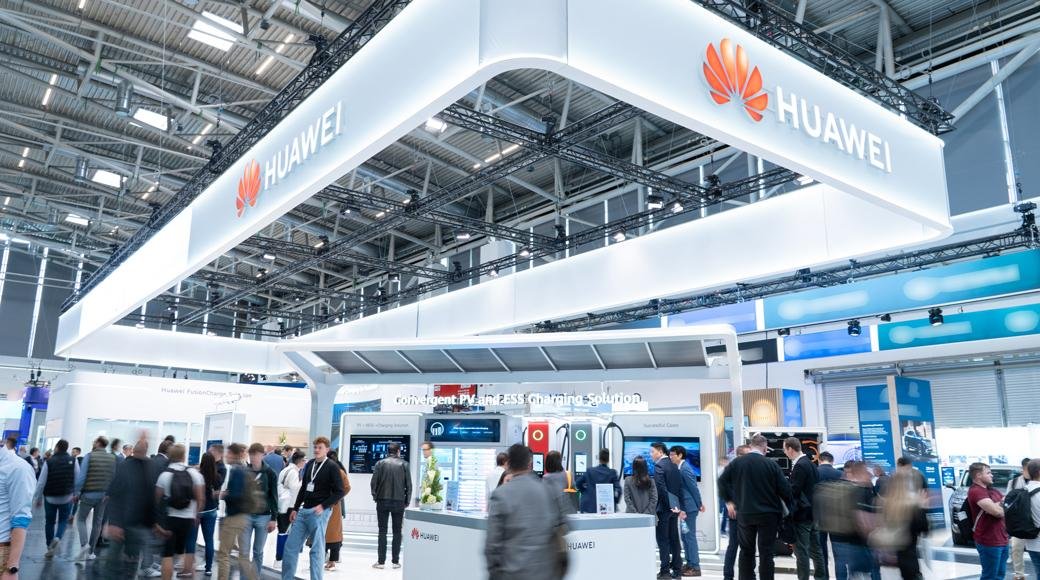 Huawei FusionCharge exhibition booth at Power2Drive Europe showing charging equipment and energy storage integration