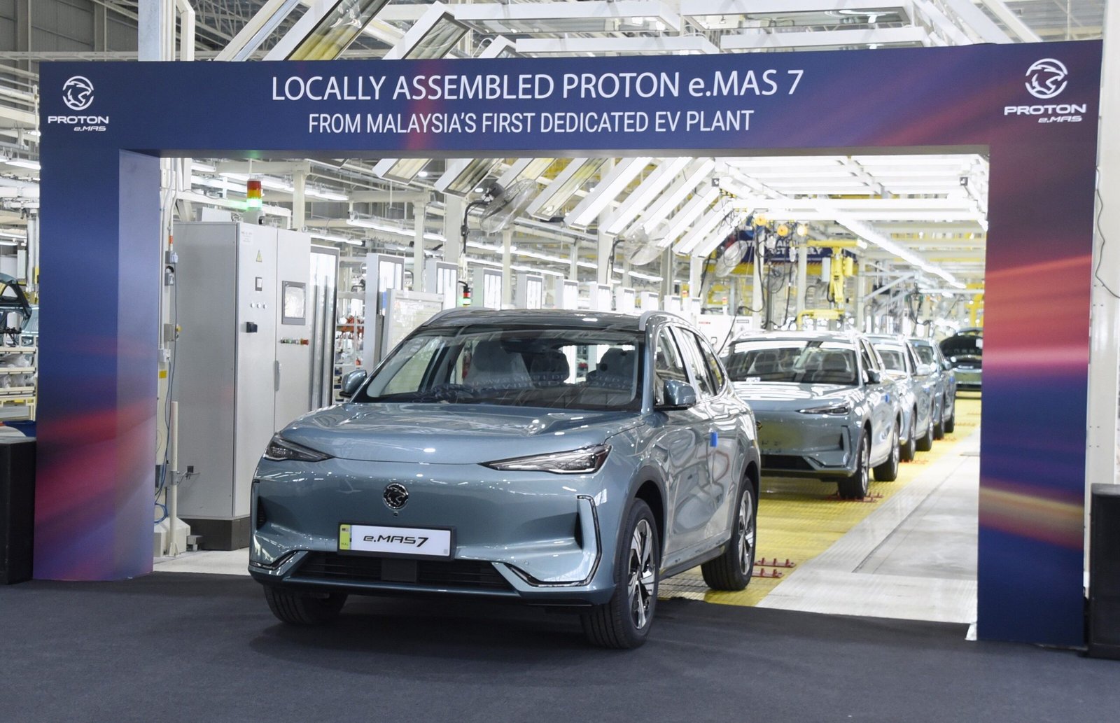 Locally assembled Proton e.MAS 7 electric vehicles on the Tanjong Malim production line