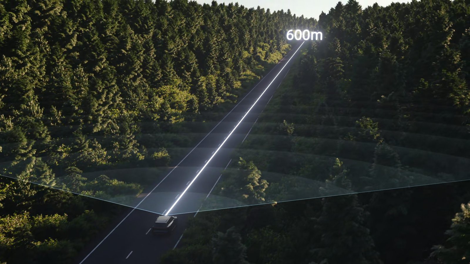 RoboSense illustration of EM4 long-range LiDAR viewing a road up to 600 meters