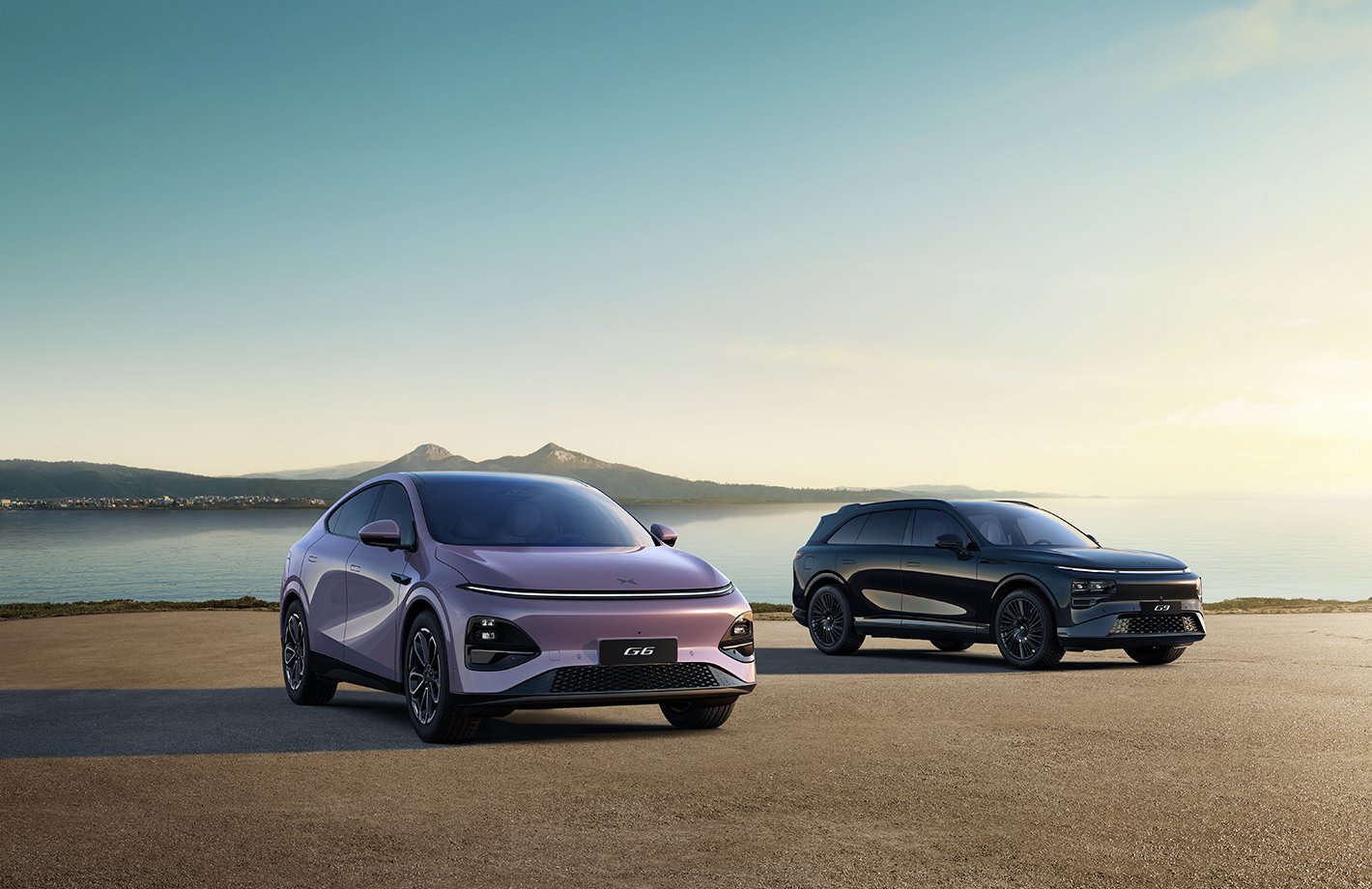 XPeng G6 and G9 electric SUVs parked beside water
