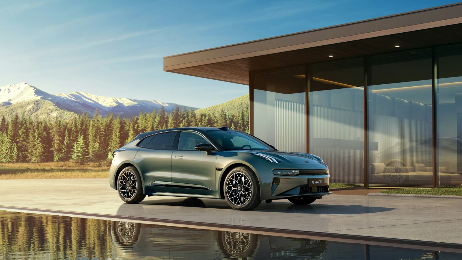 Zeekr 001 electric shooting brake in an outdoor architectural setting