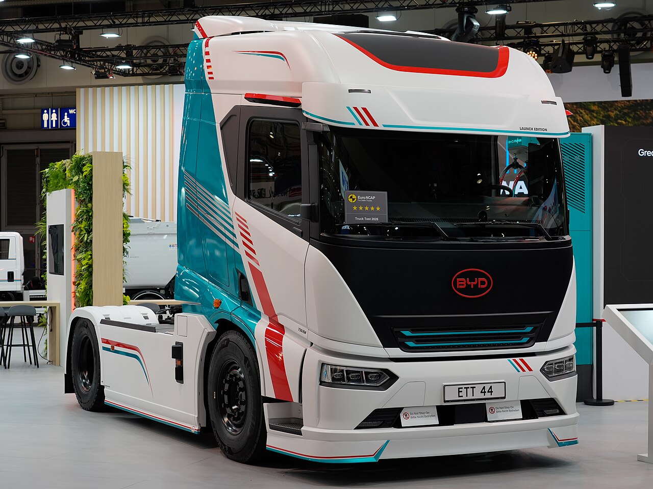 White and teal BYD ETT 44 electric tractor displayed at IAA Transportation 2026 in Hannover
